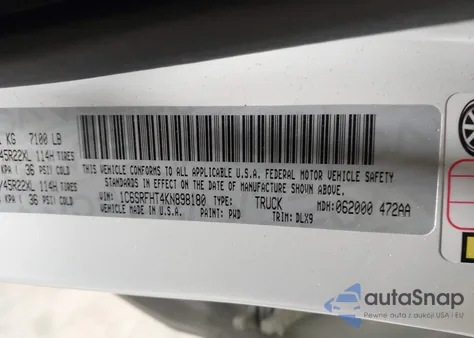 2019 Ram 1500 Limited 4X4 5'7 Box z USA, uszkodzony, nr VIN 1C6SRFHT4KN898180